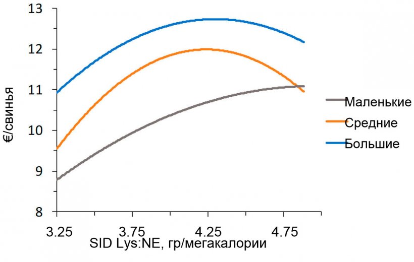 График 2. Экономическое моделирование (IOFFC) эффекта соотношения лизина&nbsp; чистой энергии у свиней на откорме (28-63 кг живого веса), классифицированных на начальному весу (Aymerichи др., 2020)
