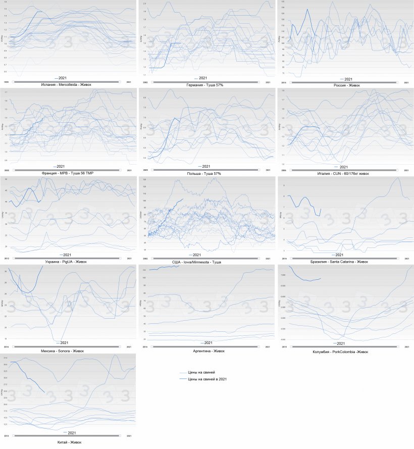 Фото 2. Динамика цен на свиней (синий) по годам и странам. Жирной линией выделена цена в 2021 году.
