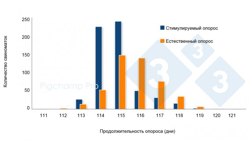 График 3. Сравнение продолжительности супоросности между стимулируемым опоросом на 114 дне супоросности и естественным опоросом на определенной ферме (Хотят ли свиноматки Pig334? 2/2).
