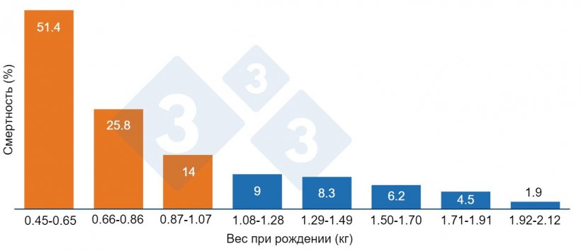 График 1. Смертность до отъема в зависимости от массы тела при рождении. Поросята весом менее 1,07 кг (оранжевые) имеют более высокую смертность.
