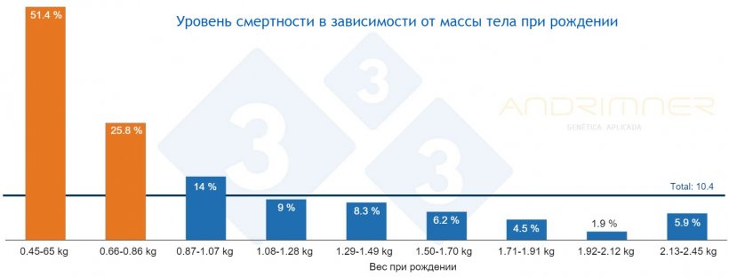 График 3. Уровень смертности в зависимости от массы тела при рождении. Источник: Хавьер Лоренте. Коммерческое хозяйство, индивидуально взвешено 3483 поросенка, 2021 г.
